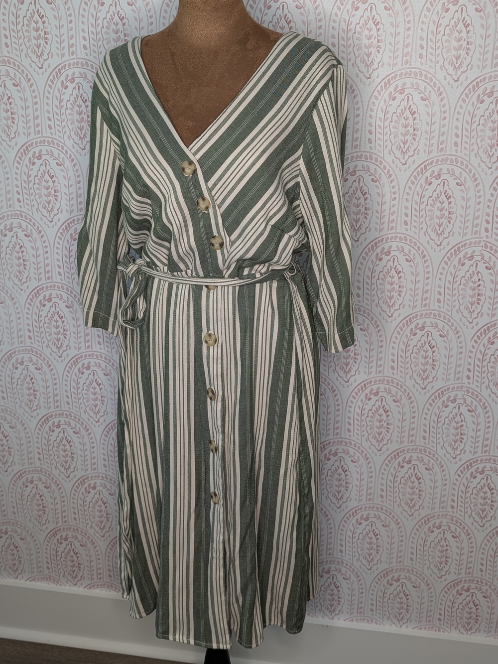FALL! Luxology Striped Green and Cream Button-Front Wrap Dress